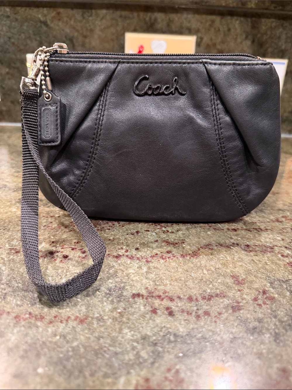 Coach Black Leather Wristlet Clutch with Logo and Hangtag